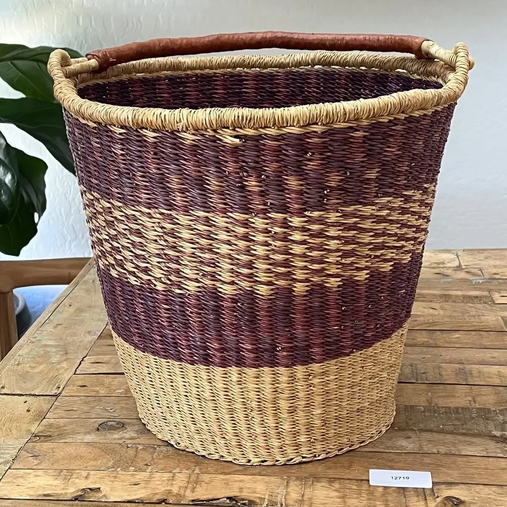 African Hand Woven Bolga Ghana Market Bucket Basket With Leather Wrap Handle